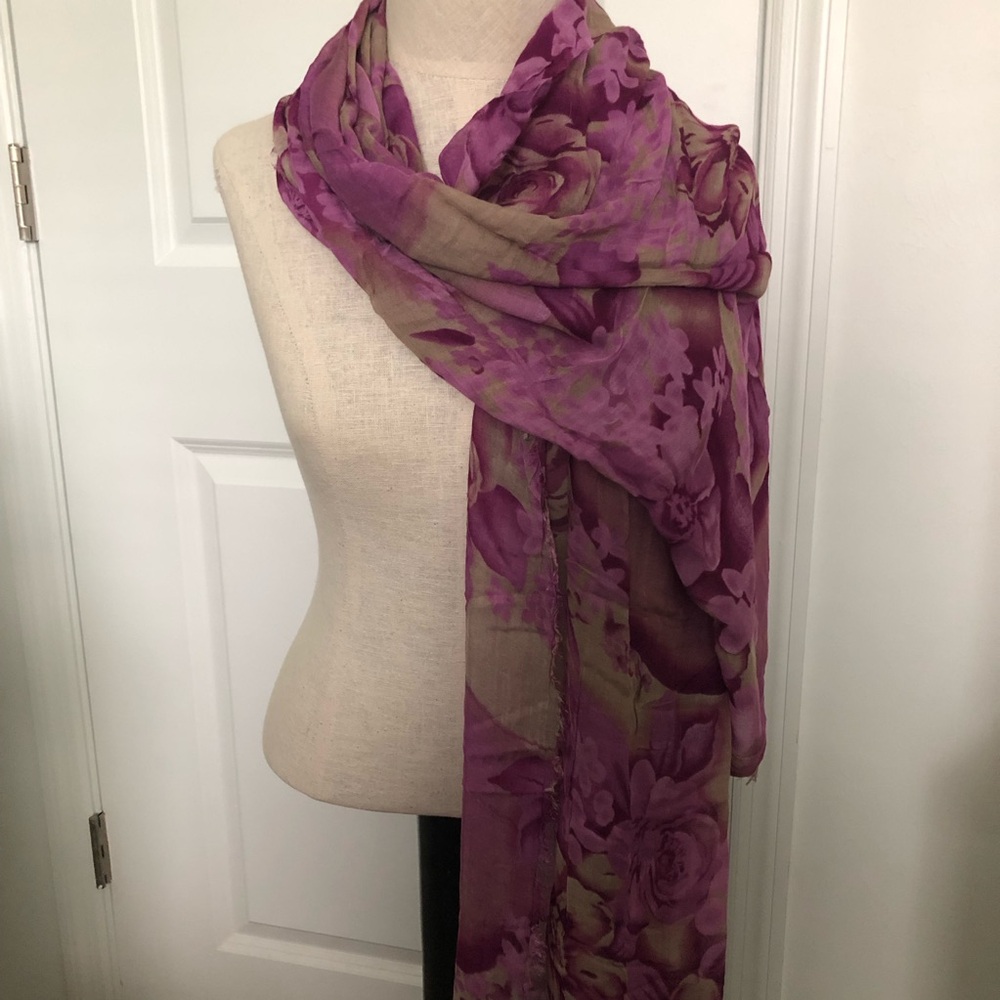 Conbipel Lightweight Floral Wrap Scarf in Purple with fringe